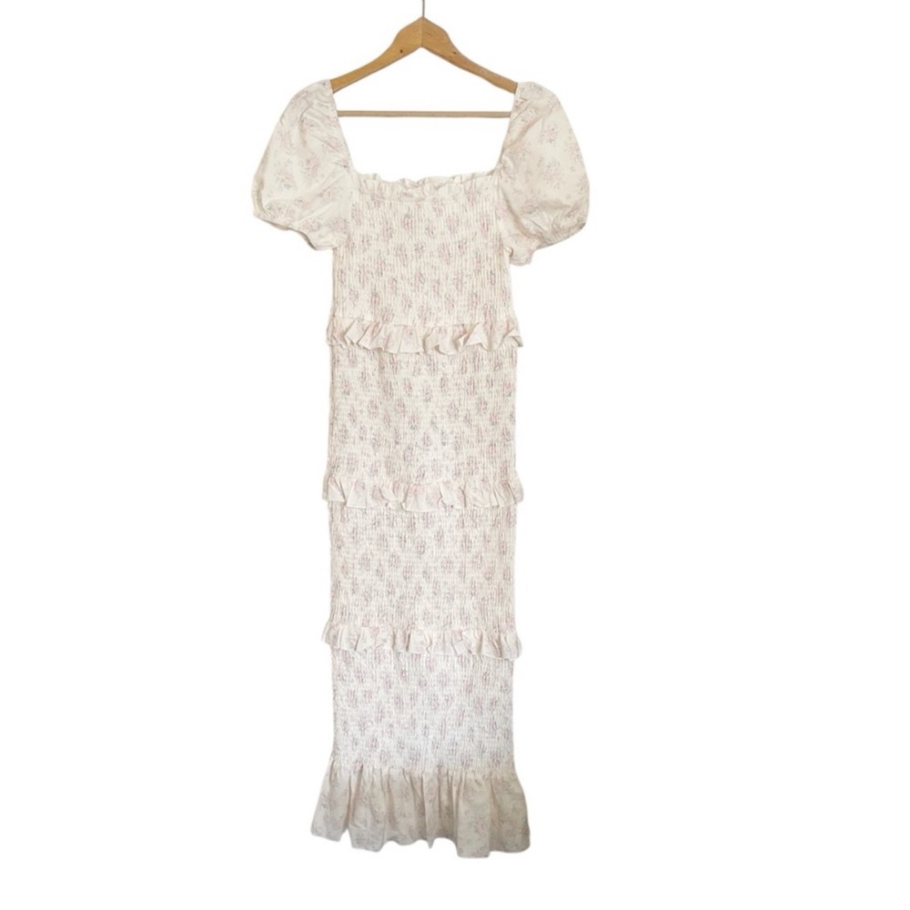 Puff-Sleeve Smocked Maxi Dress in Light Pink - Picture 2 of 7